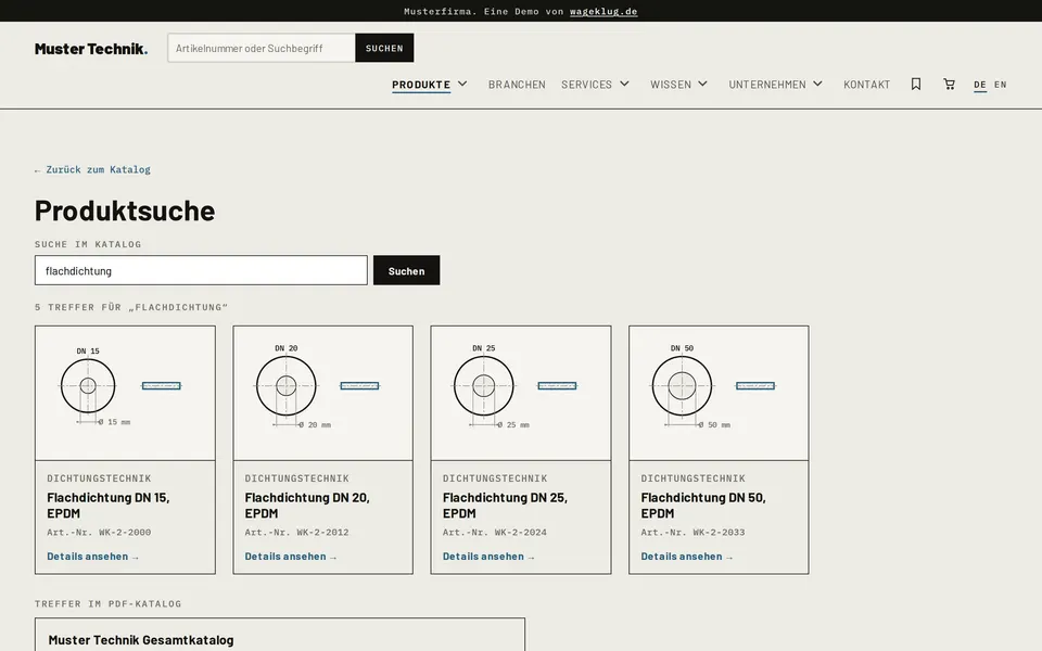 Screenshot: Volltextsuche der Muster-Demo mit Treffern bis ins PDF