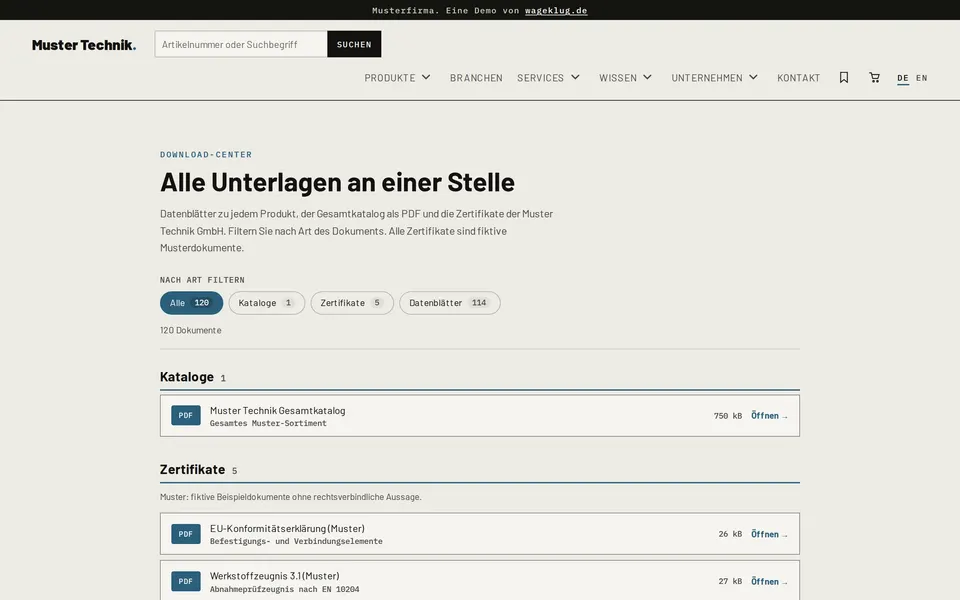 Screenshot: Download-Center der Muster-Demo mit Datenblättern und Katalogen