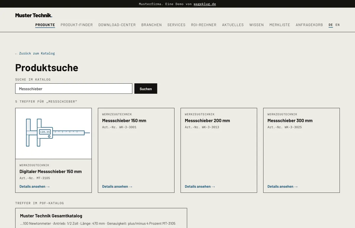 Screenshot: Volltextsuche der Muster-Demo mit PDF-Treffer
