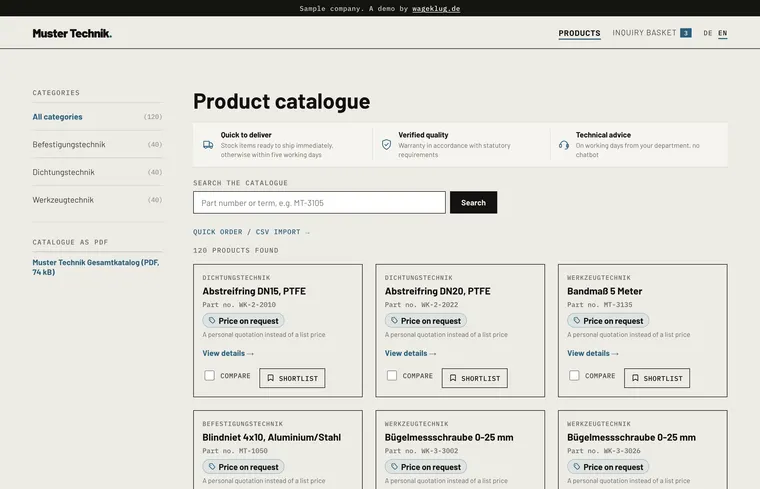 Screenshot: Englische Sprachversion des Produktkatalogs