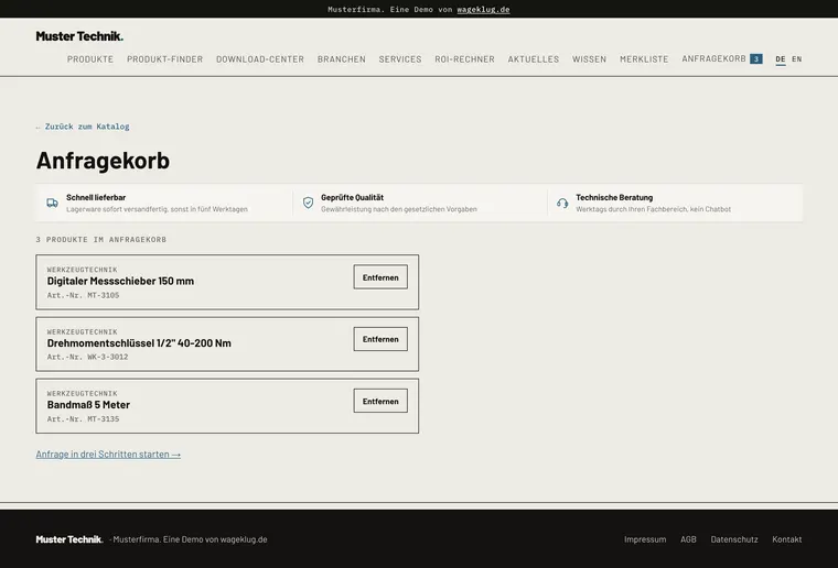 Screenshot: Anfragekorb mit 3 Positionen