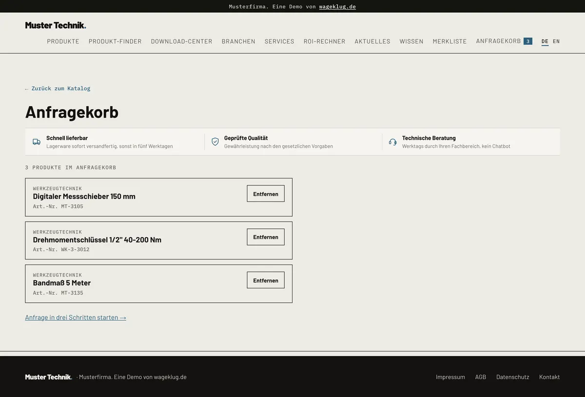 Screenshot: Anfragekorb der Muster-Demo mit gesammelten Positionen