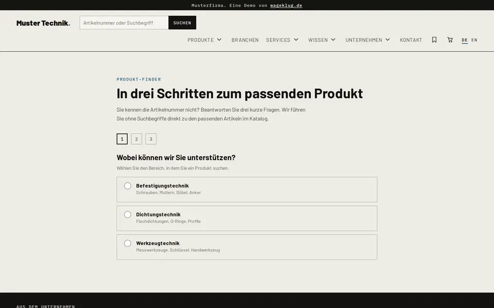 Screenshot: Produkt-Finder der Muster-Demo mit geführter Auswahl