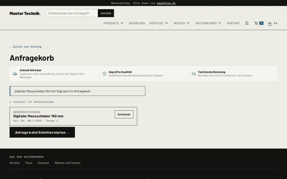 Screenshot: Anfragekorb der Muster-Demo mit gesammelten Positionen