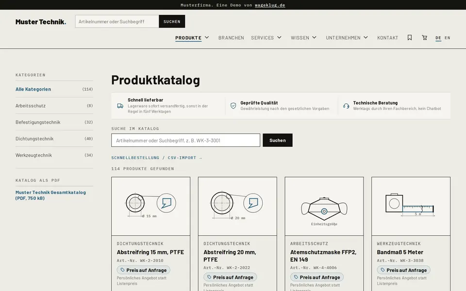 Screenshot: Produktkatalog der Muster-Demo mit Filtern und Facetten