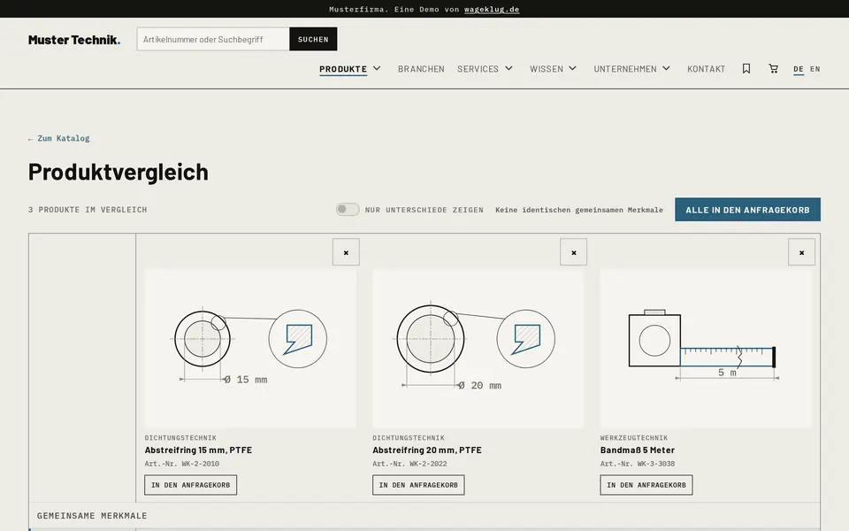 Screenshot: Produktvergleich der Muster-Demo mit Produkten nebeneinander