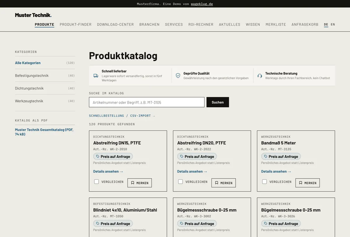 Screenshot: Produktkatalog der Muster-Demo